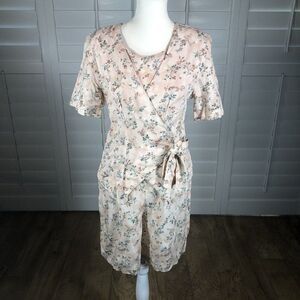 Vtg 80s LIBERTY Fashions Floral Short Sleeve Romper M Rayon Peach Mock Wrap Cute